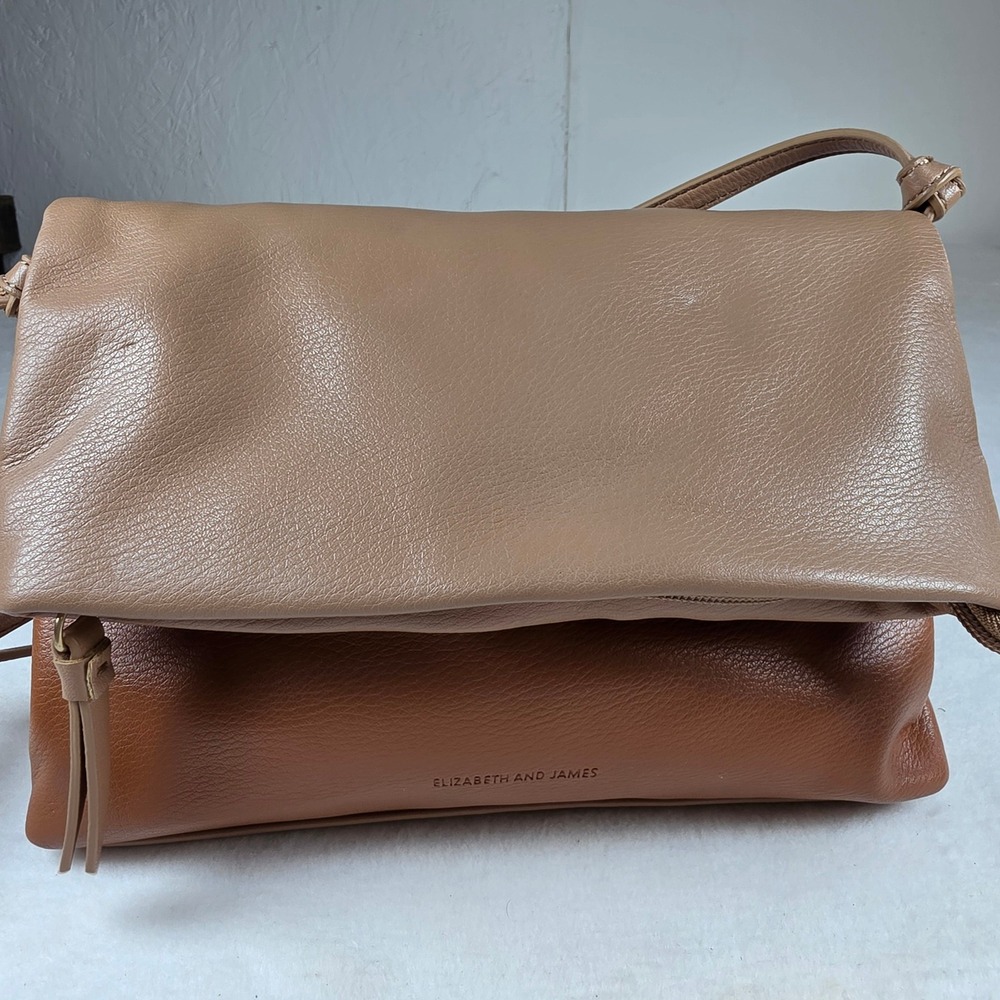 Elizabeth and James‎ Two Tone Tan Brown Pebbled Leather Foldover Crossbody Bag
